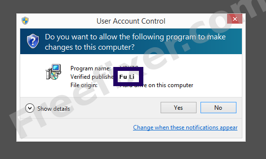 Screenshot where Fu Li appears as the verified publisher in the UAC dialog